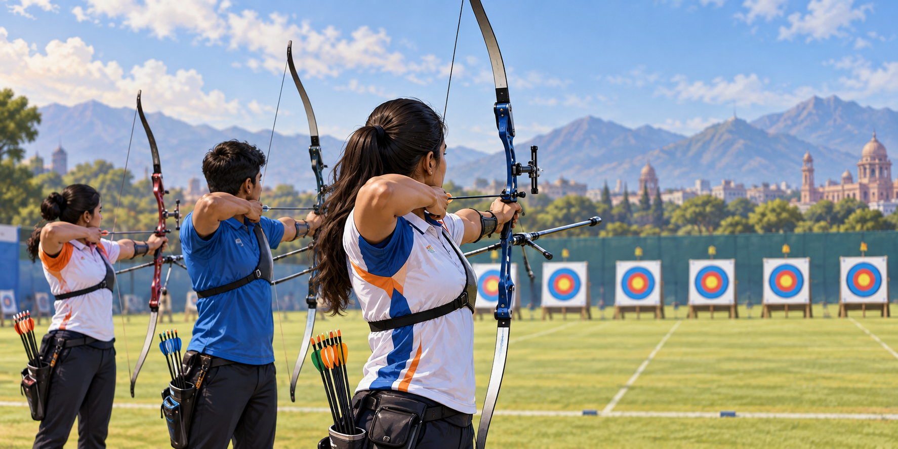 Illustration of archers practicing with targets at an outdoor range.