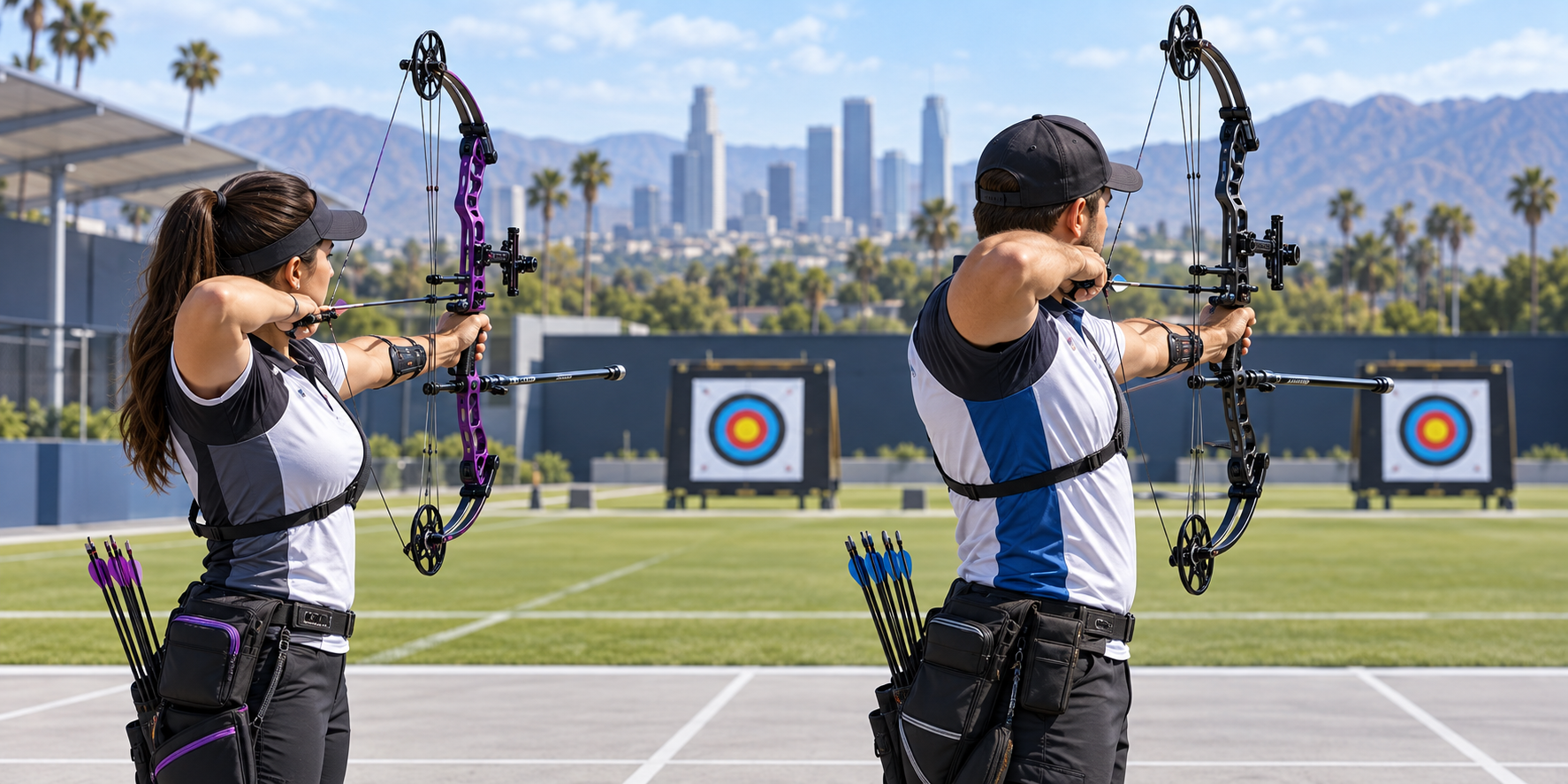 Is Compound Archery in LA 2028? Events, Rules and India’s Quota 1 Illustration of two compound archers practicing on an outdoor range.