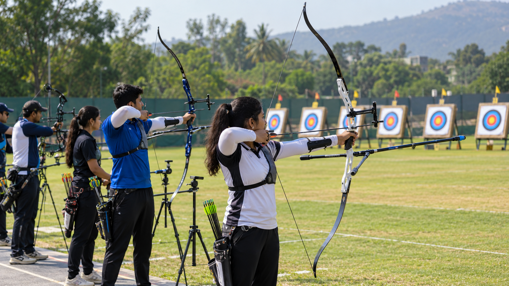 How to Participate in National Archery Competitions in India: A Complete Guide 1 Indian archers preparing for a national target archery competition on an outdoor range.