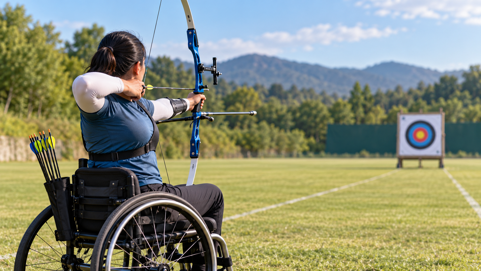 India Para Archery Medals: Sheetal Devi, Harvinder Singh and More 1 Illustration of a para archer shooting a bow from a sports wheelchair at an outdoor target.